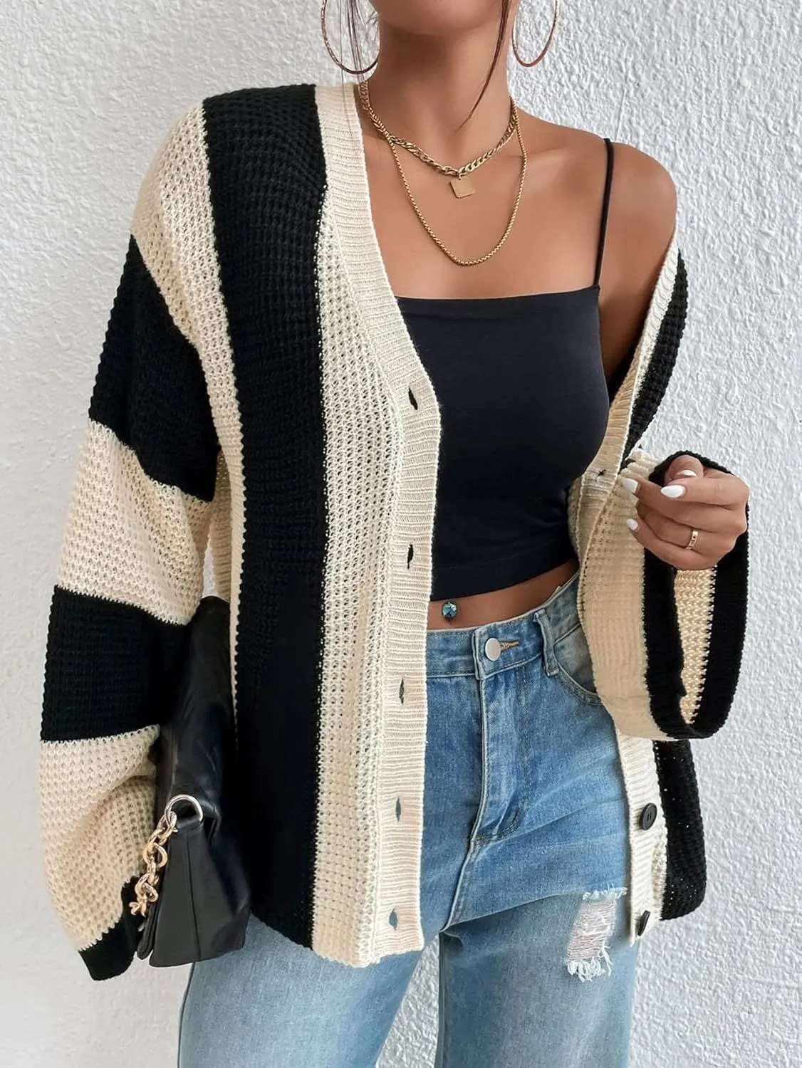 Trendy Striped Contrast Bell Sleeve Loose Knit Cardigan for Cozy Elegance