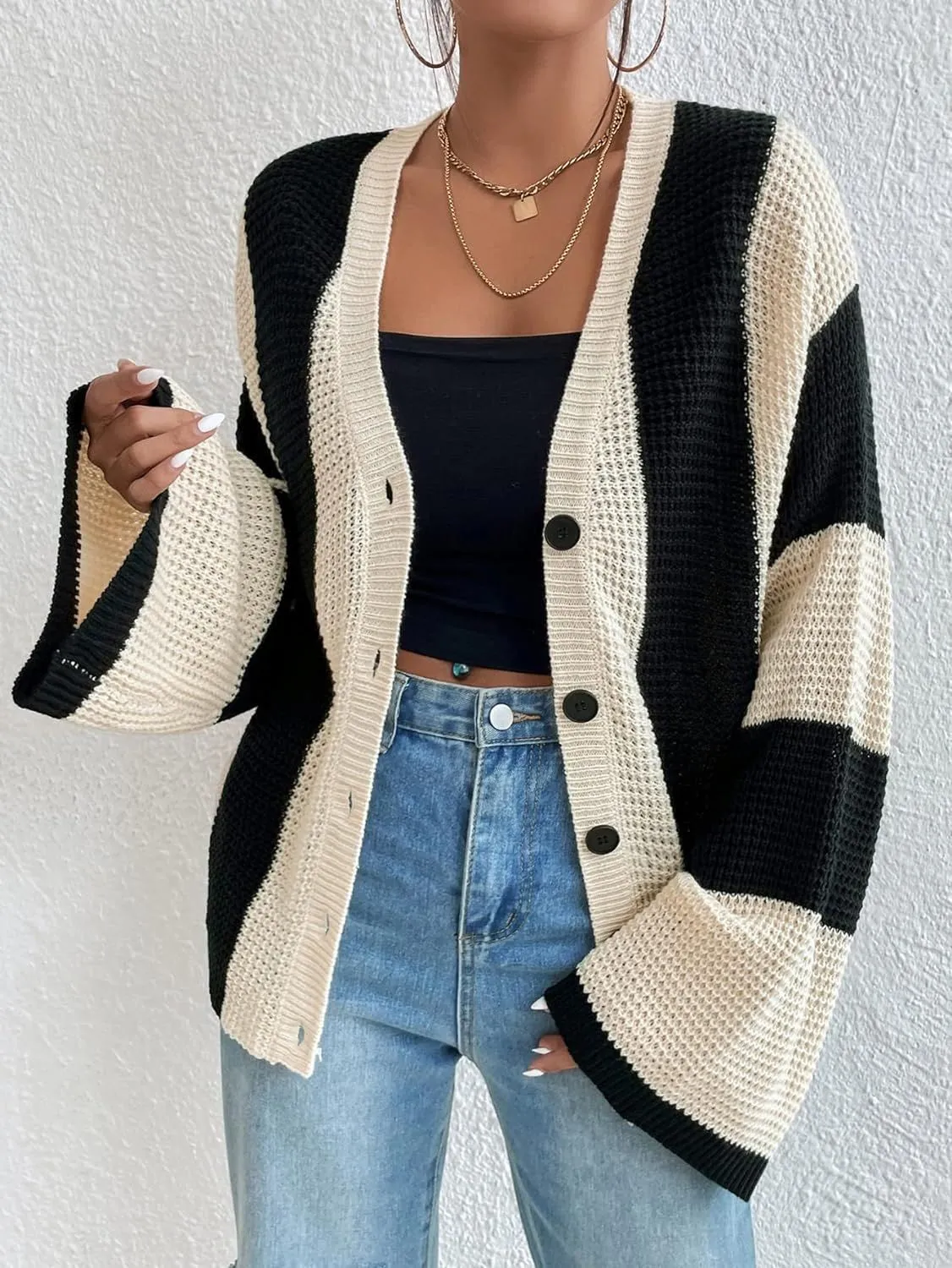 Trendy Striped Contrast Bell Sleeve Loose Knit Cardigan for Cozy Elegance