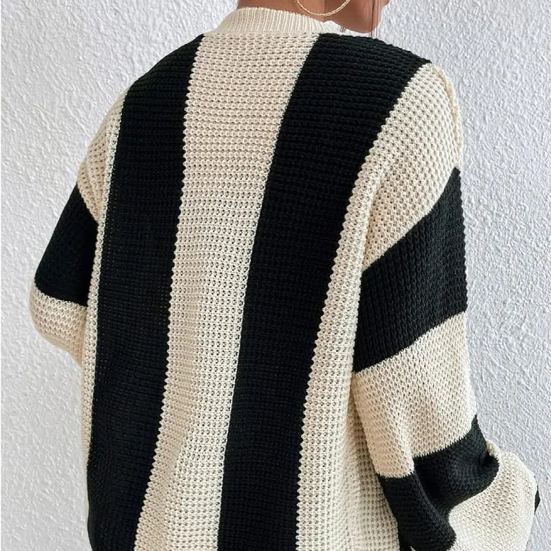 Trendy Striped Contrast Bell Sleeve Loose Knit Cardigan for Cozy Elegance