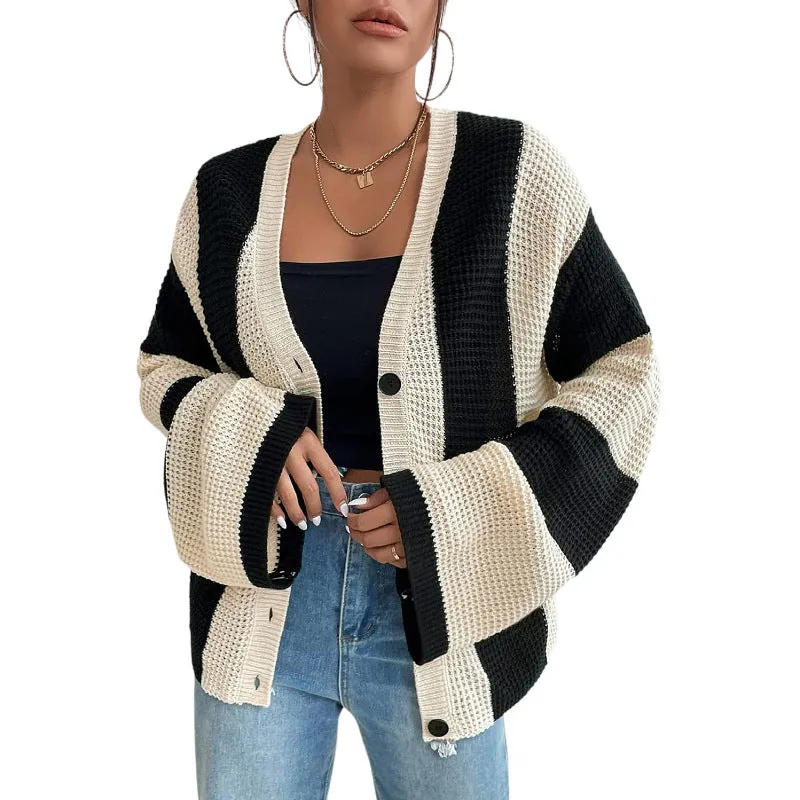 Trendy Striped Contrast Bell Sleeve Loose Knit Cardigan for Cozy Elegance