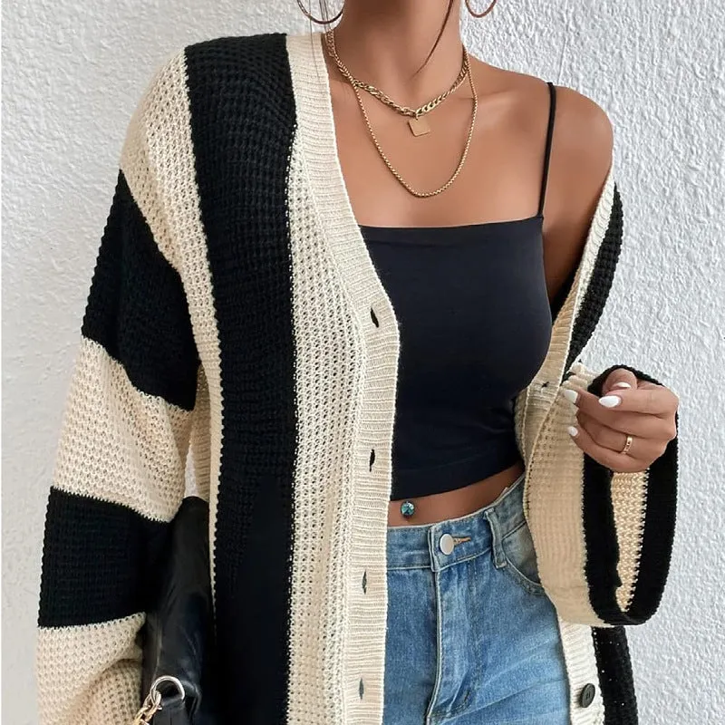 Trendy Striped Contrast Bell Sleeve Loose Knit Cardigan for Cozy Elegance
