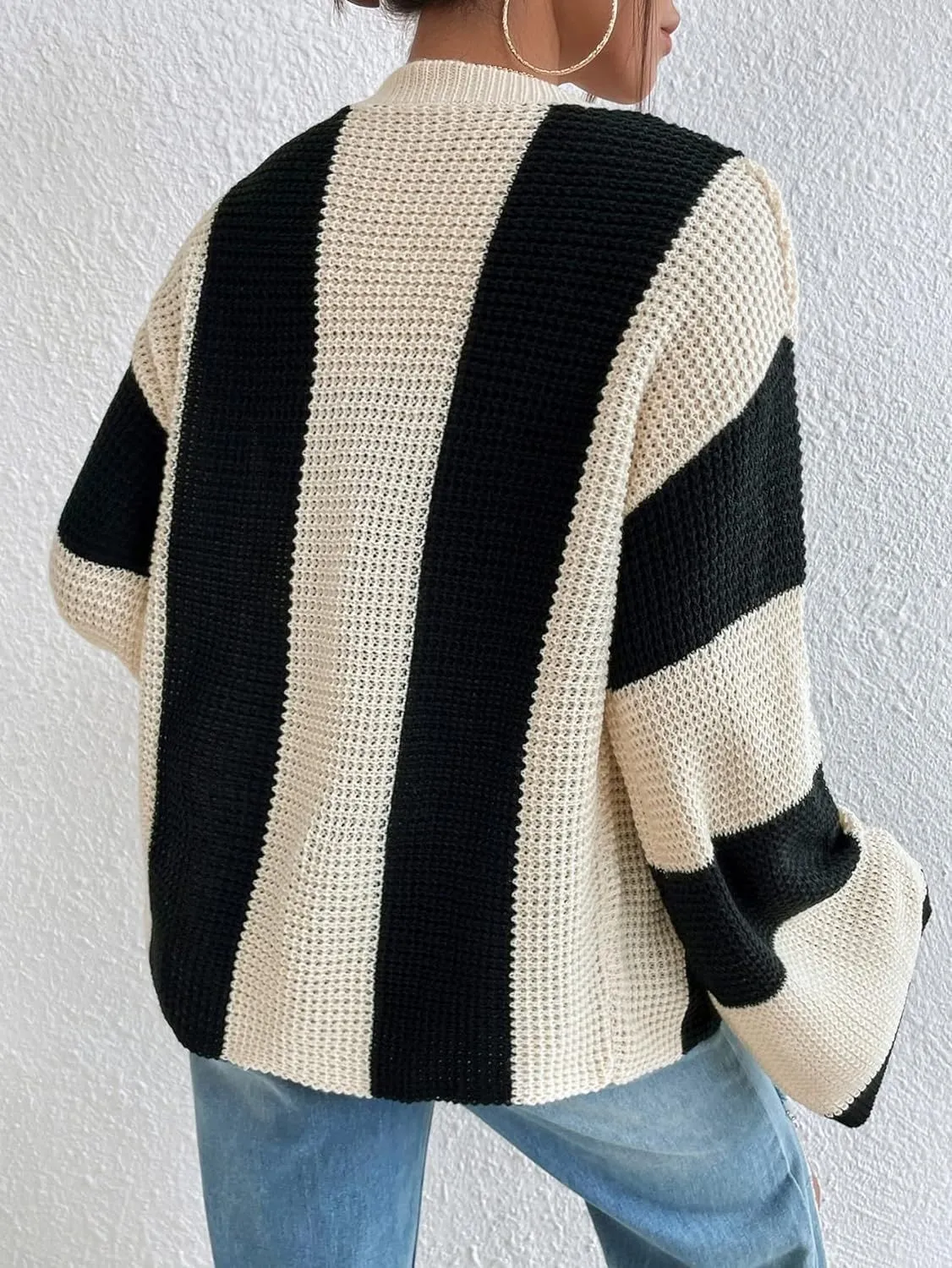 Trendy Striped Contrast Bell Sleeve Loose Knit Cardigan for Cozy Elegance