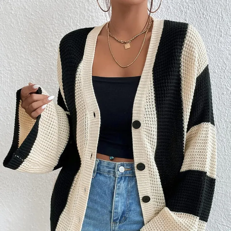 Trendy Striped Contrast Bell Sleeve Loose Knit Cardigan for Cozy Elegance
