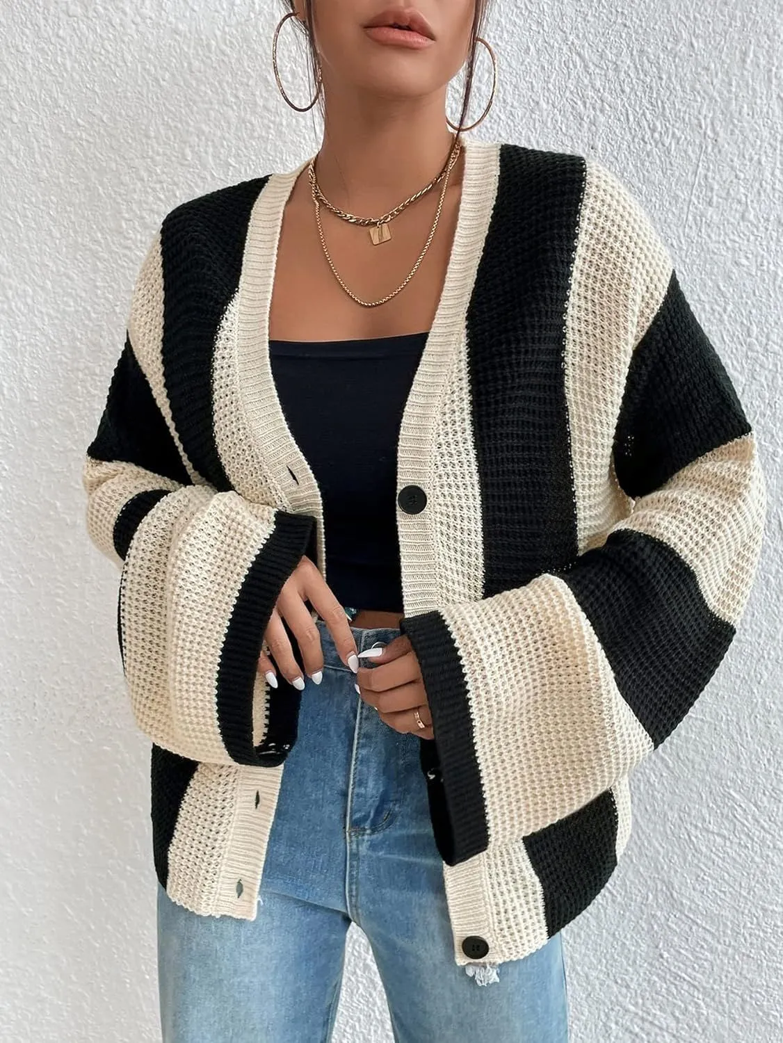Trendy Striped Contrast Bell Sleeve Loose Knit Cardigan for Cozy Elegance