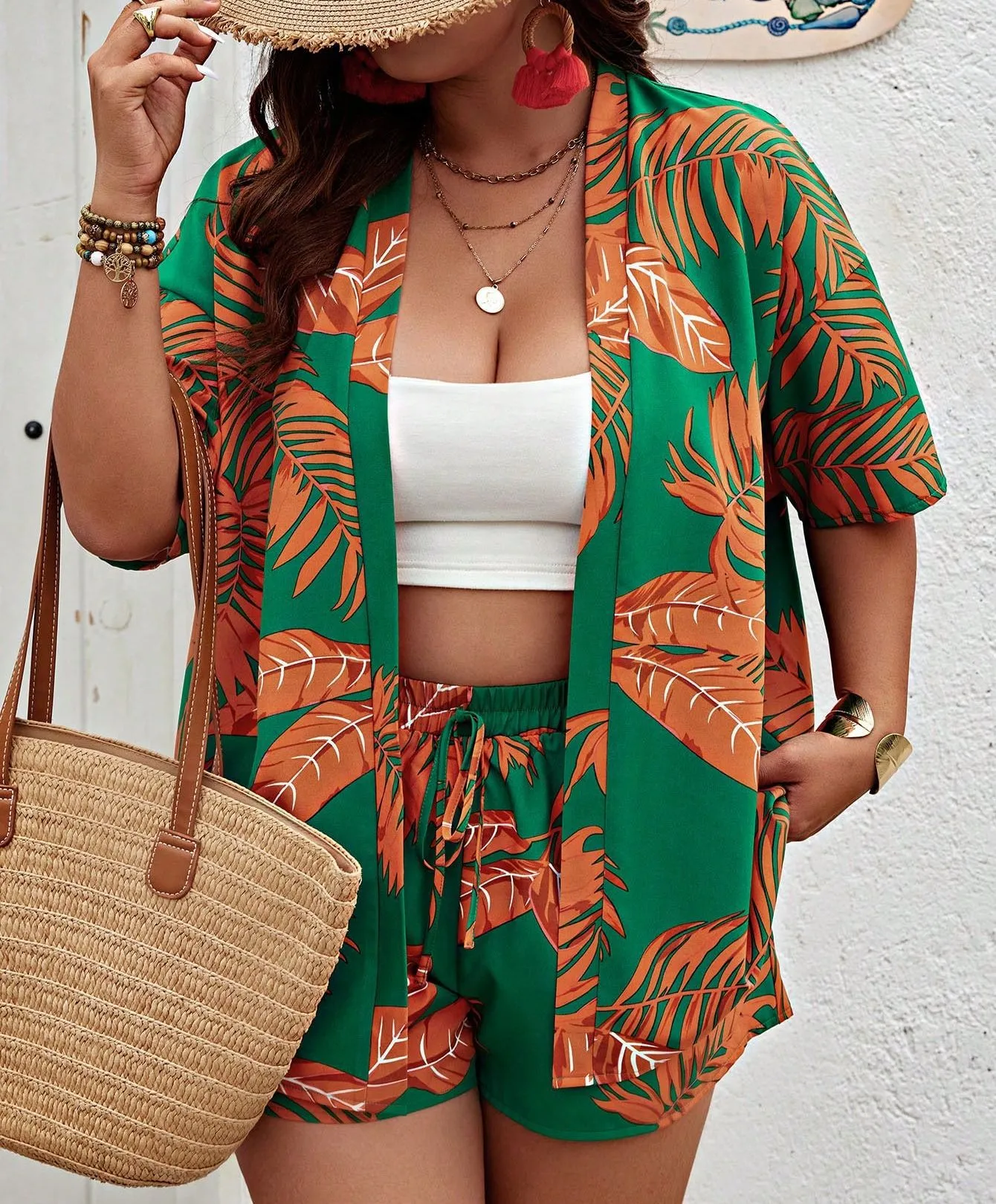 Tropical Breeze Open-Front Cardigan and Drawstring Shorts Set