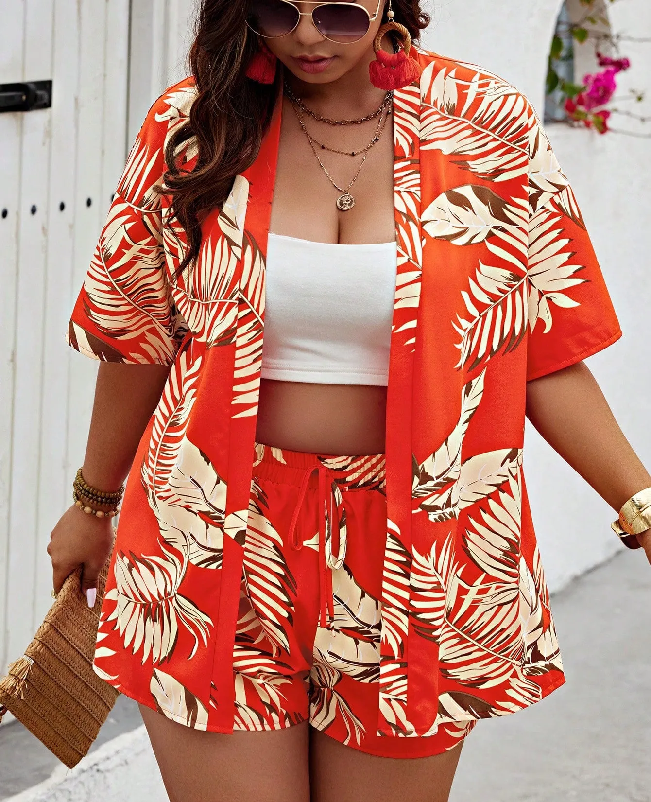 Tropical Breeze Open-Front Cardigan and Drawstring Shorts Set