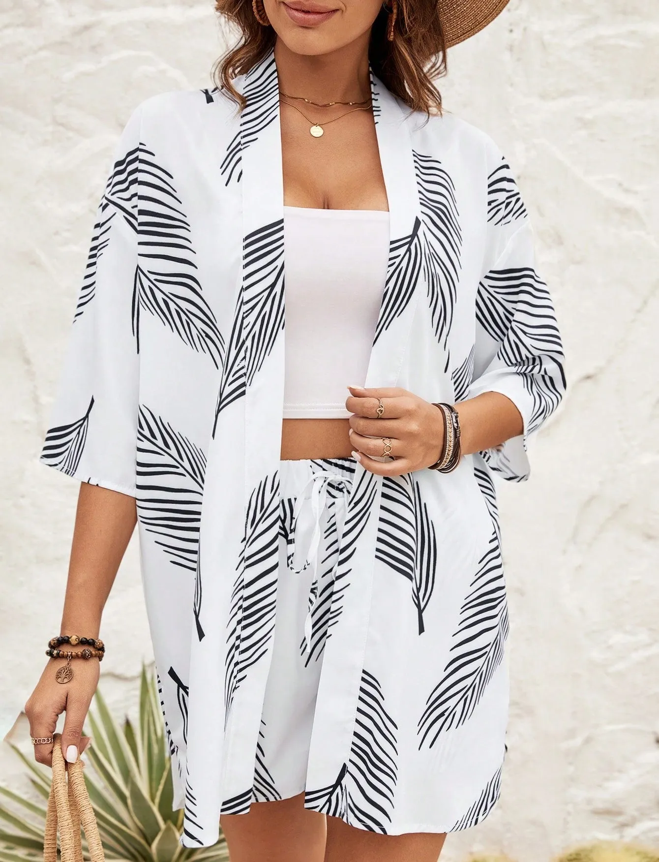 Tropical Breeze Open-Front Cardigan and Drawstring Shorts Set