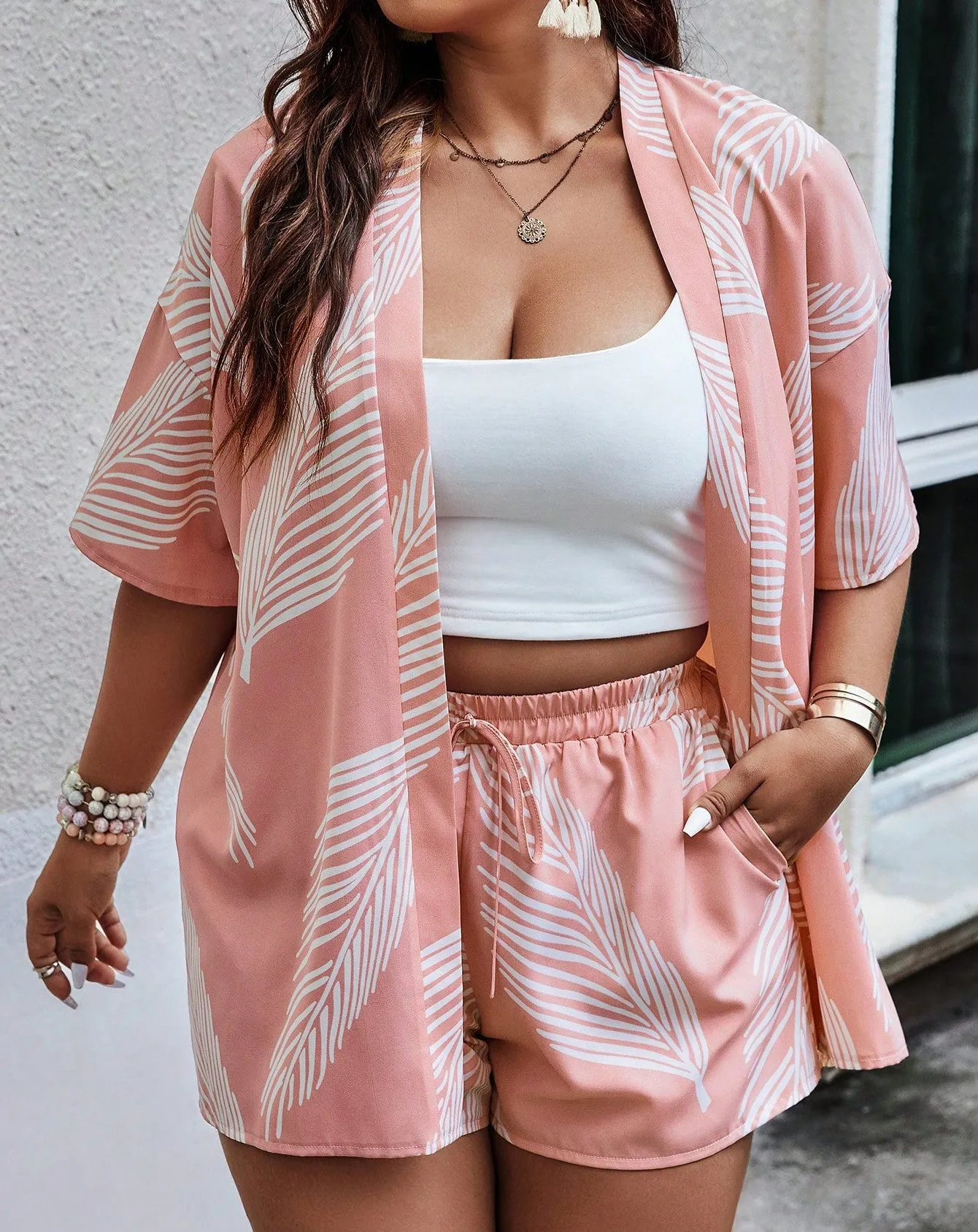 Tropical Breeze Open-Front Cardigan and Drawstring Shorts Set