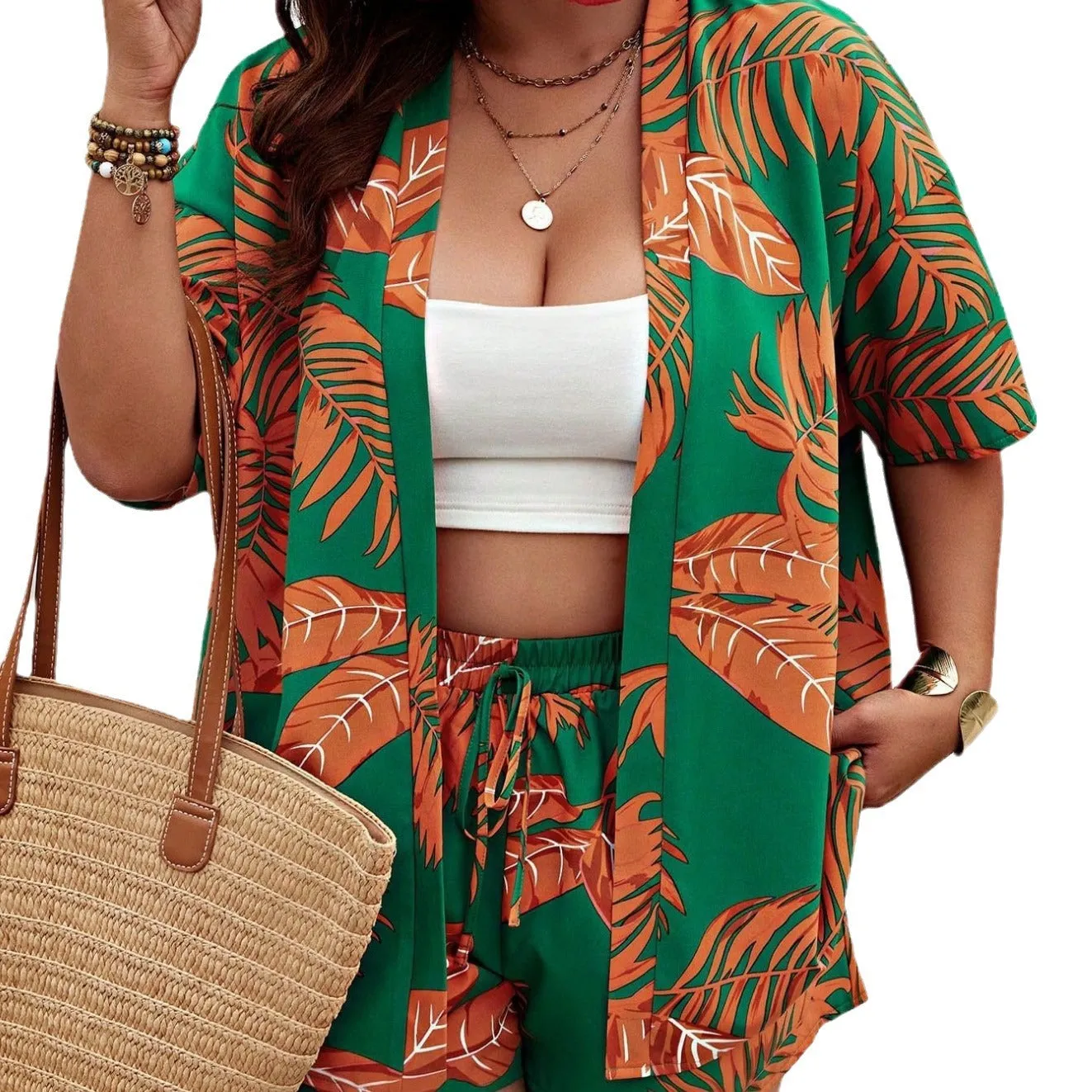 Tropical Breeze Open-Front Cardigan and Drawstring Shorts Set