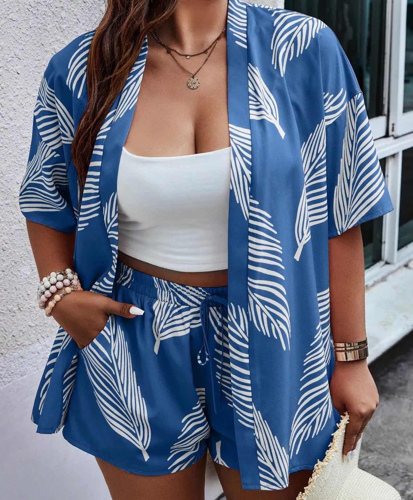 Tropical Breeze Open-Front Cardigan and Drawstring Shorts Set