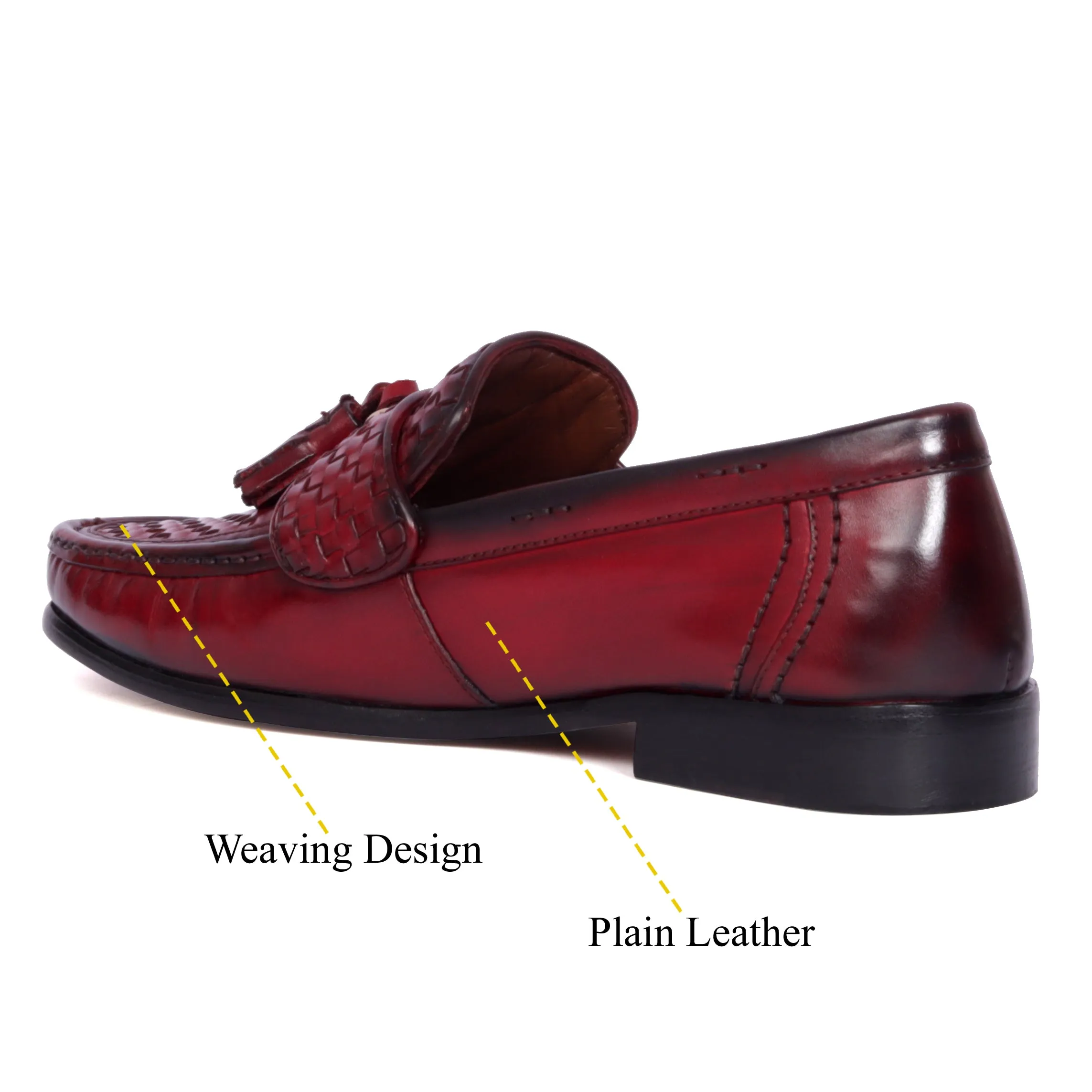 Wine Leather Loafers with Weaved Vamp & Tassel With Leather Sole