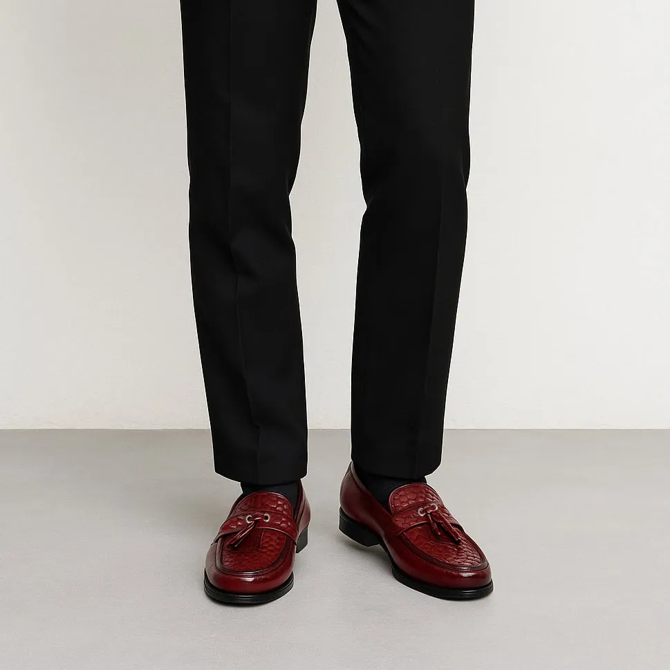 Wine Leather Loafers with Weaved Vamp & Tassel With Leather Sole