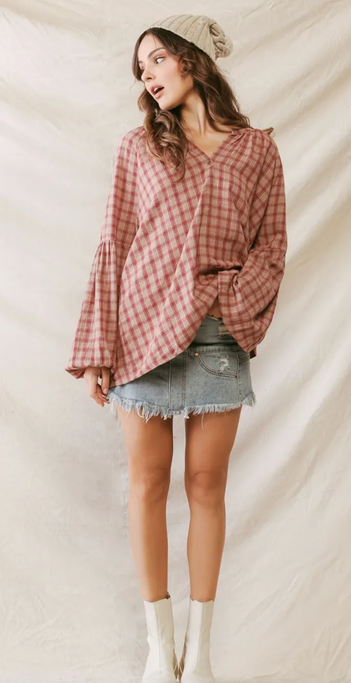 Wine Plaid Ballon Sleeve Top