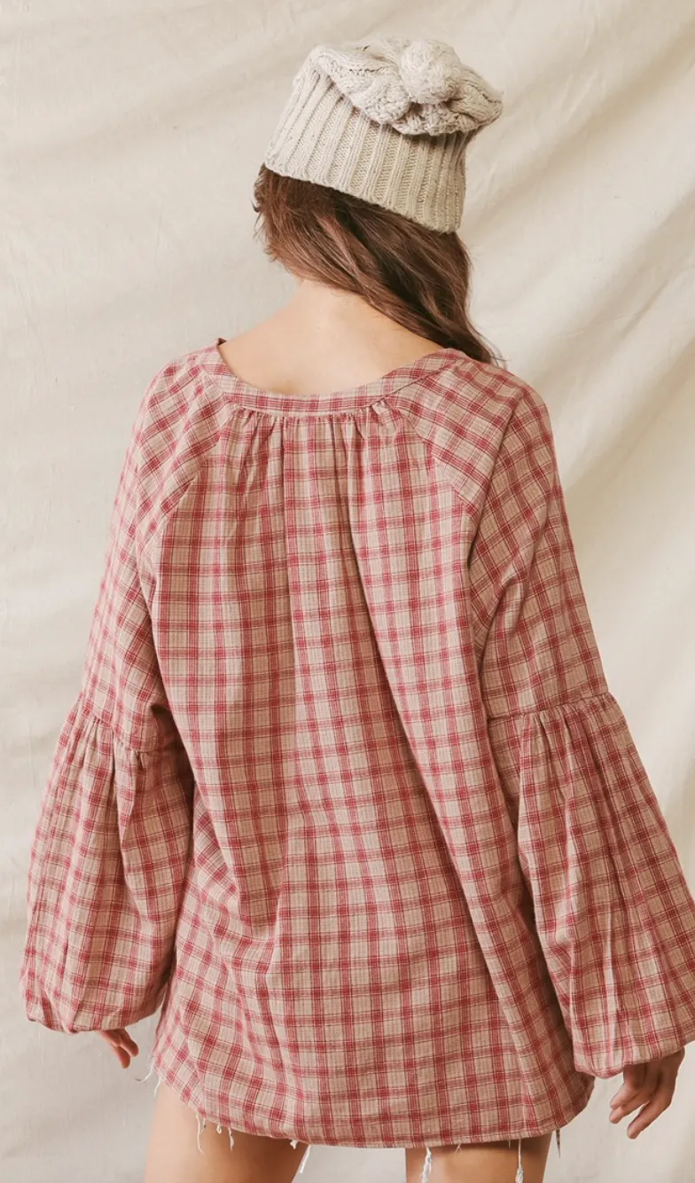 Wine Plaid Ballon Sleeve Top