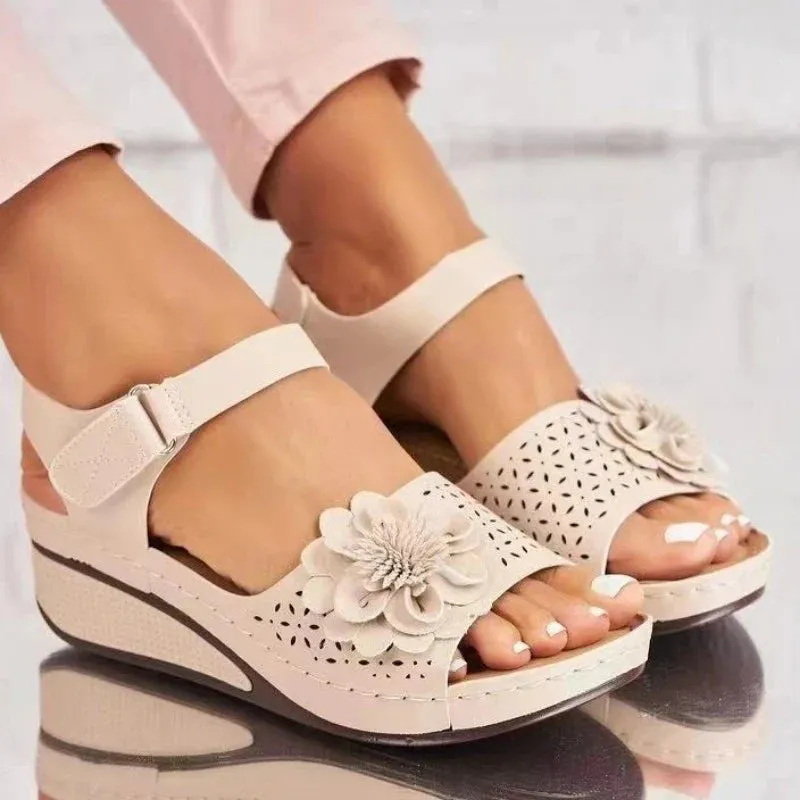 Women Sandals Hollow Out Floral Pattern Sandals Ms Ankle Strap Platform Sandals Sexy Breathable Slip on Classics Wedge Footwear