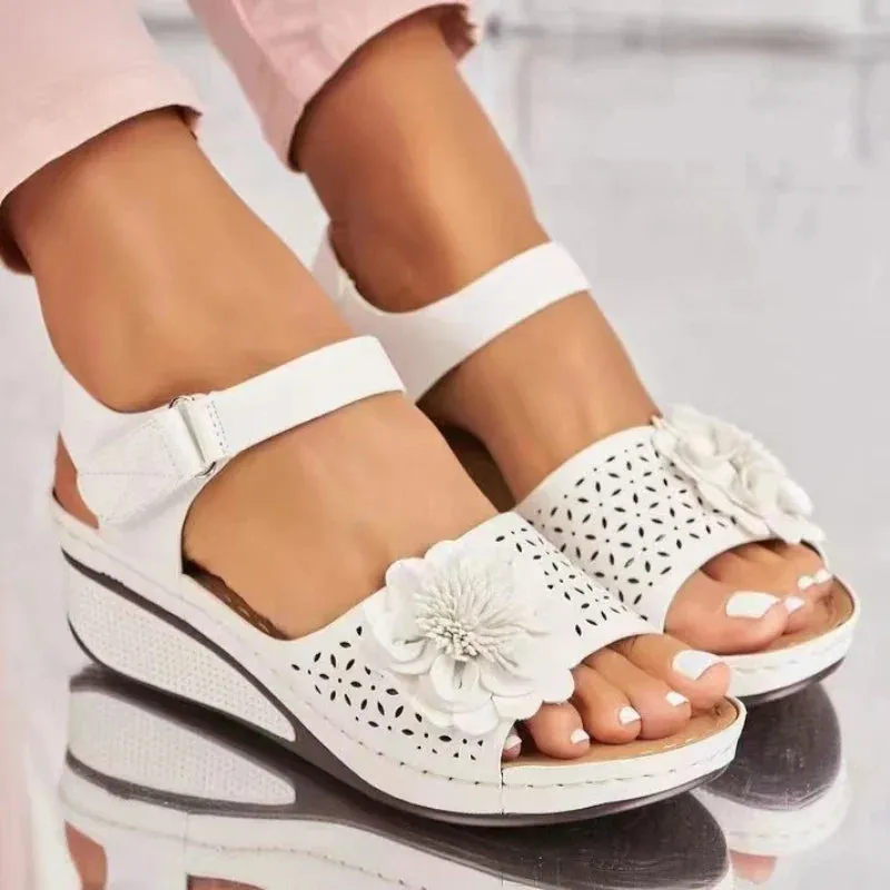 Women Sandals Hollow Out Floral Pattern Sandals Ms Ankle Strap Platform Sandals Sexy Breathable Slip on Classics Wedge Footwear