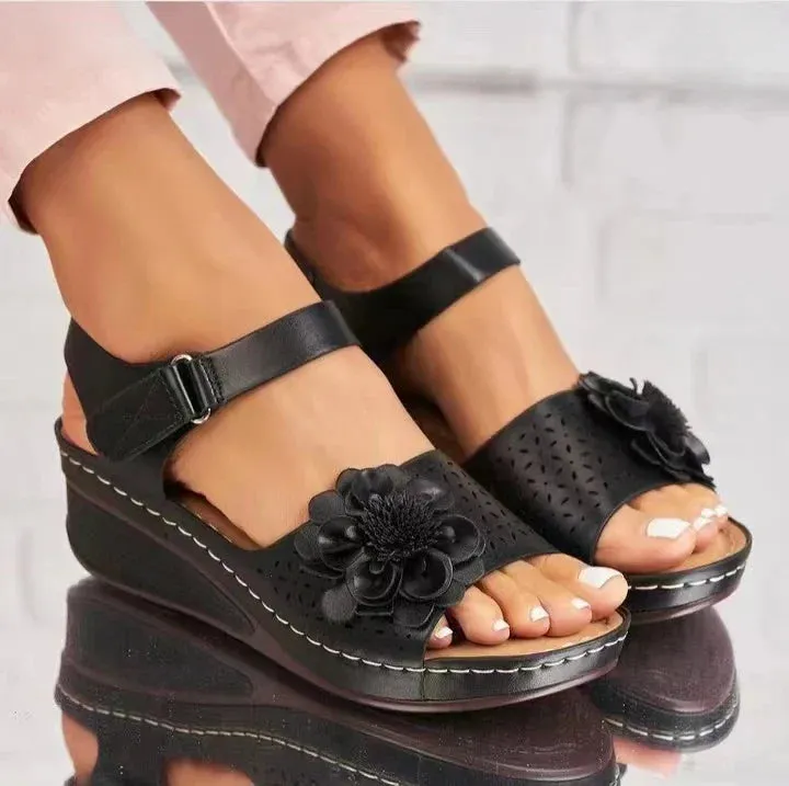 Women Sandals Hollow Out Floral Pattern Sandals Ms Ankle Strap Platform Sandals Sexy Breathable Slip on Classics Wedge Footwear