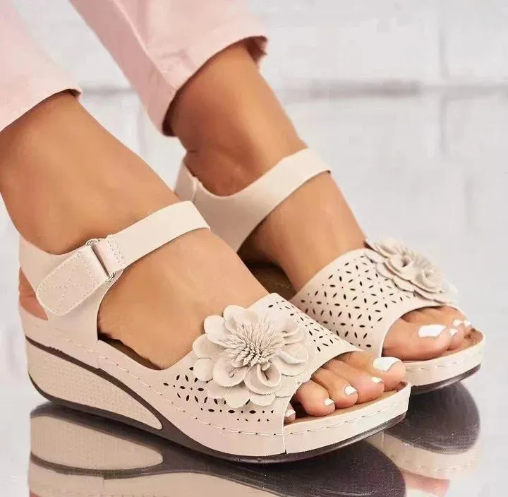 Women Sandals Hollow Out Floral Pattern Sandals Ms Ankle Strap Platform Sandals Sexy Breathable Slip on Classics Wedge Footwear
