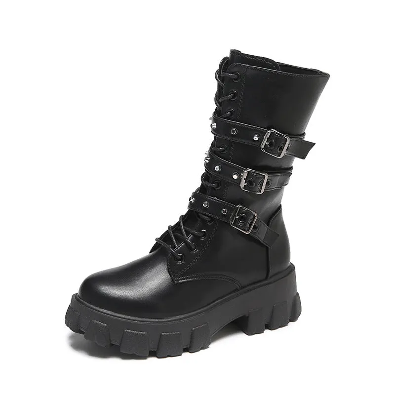 Women's Gothic Buckle Lace-up Side Mid Boots