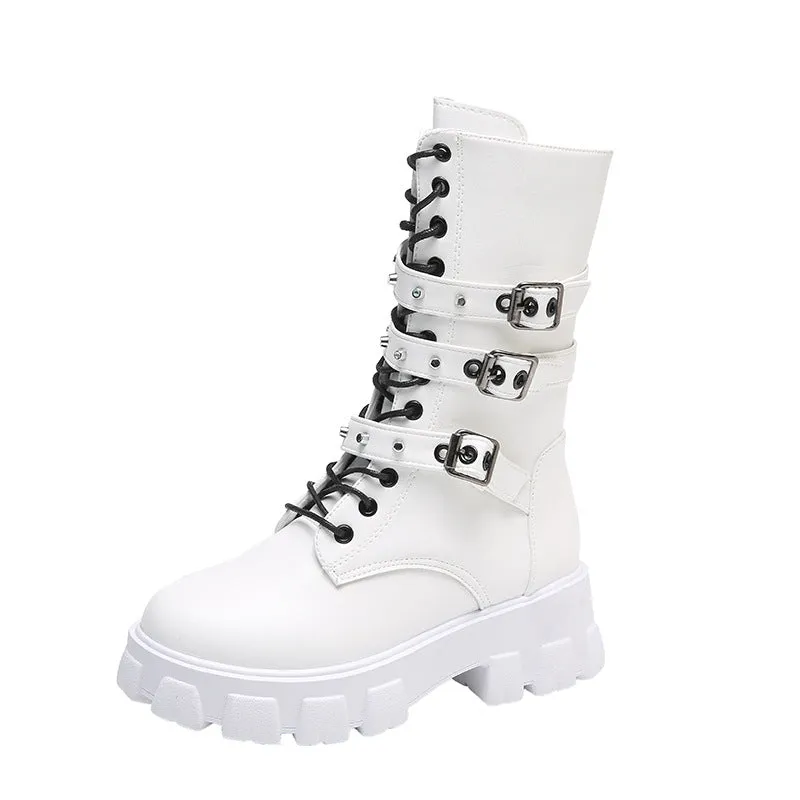 Women's Gothic Buckle Lace-up Side Mid Boots