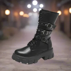 Women's Gothic Buckle Lace-up Side Mid Boots