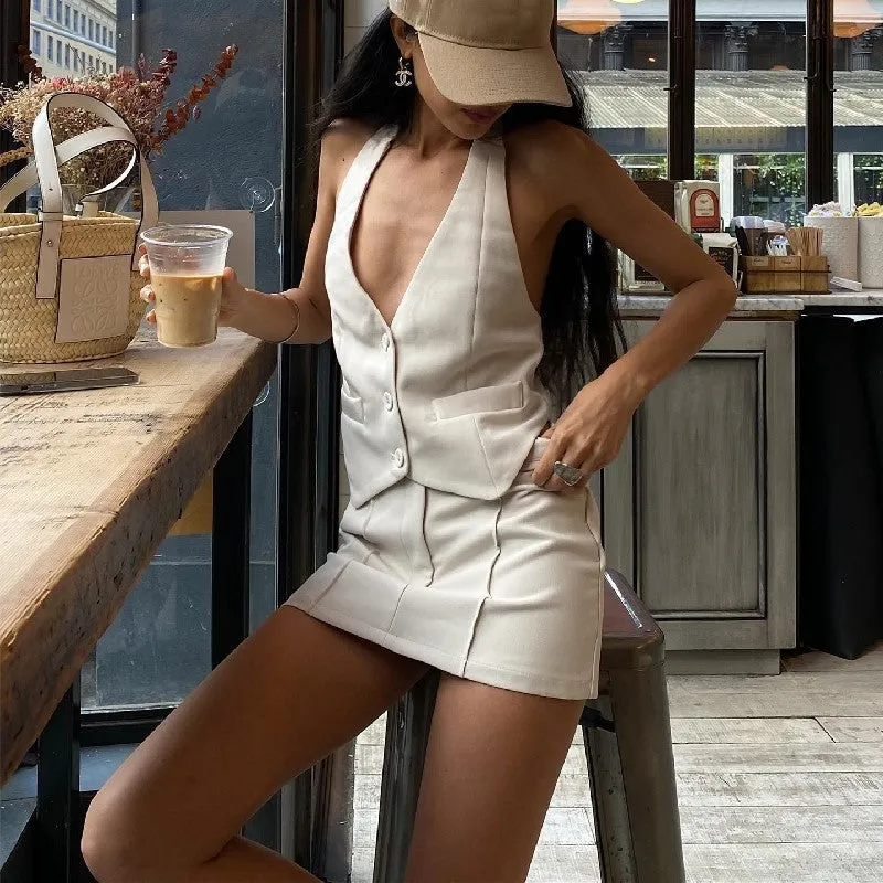 Women's Summer New Sexy Blazer Fake Pocket Halter Vest Fashion A-line Skirt Set C-240527-10