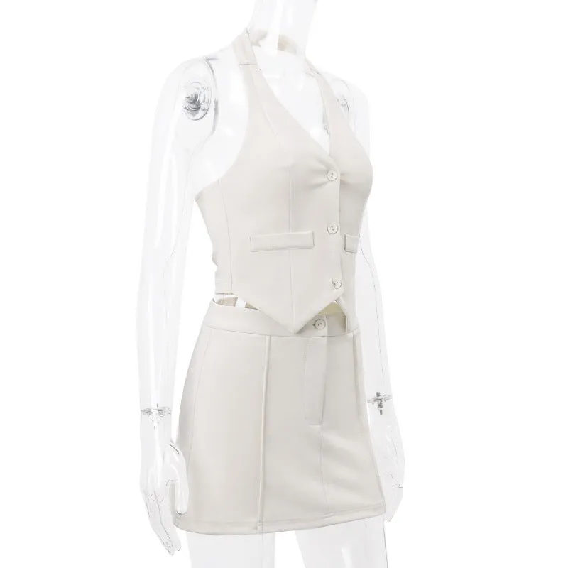Women's Summer New Sexy Blazer Fake Pocket Halter Vest Fashion A-line Skirt Set C-240527-10