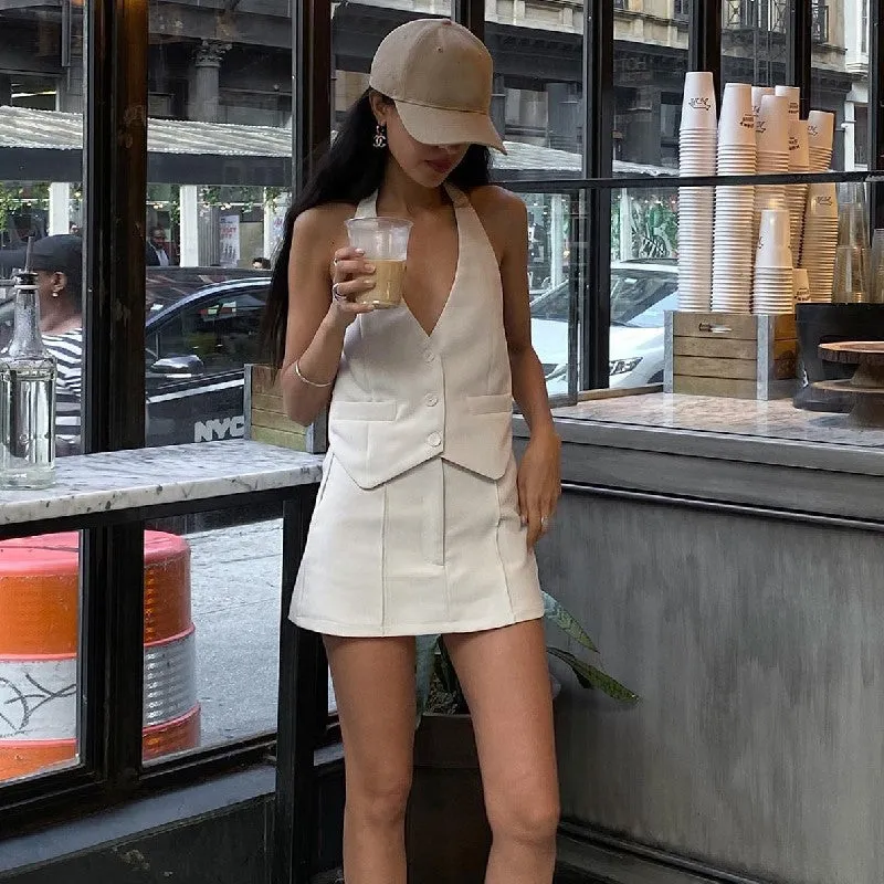 Women's Summer New Sexy Blazer Fake Pocket Halter Vest Fashion A-line Skirt Set C-240527-10