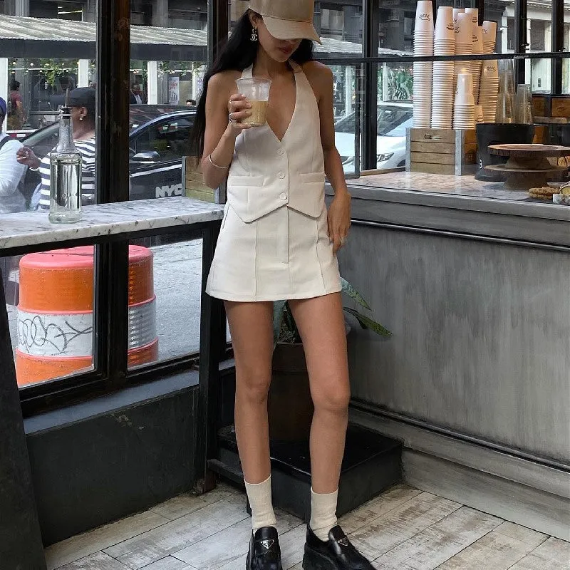 Women's Summer New Sexy Blazer Fake Pocket Halter Vest Fashion A-line Skirt Set C-240527-10