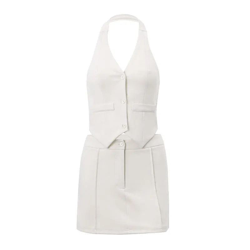 Women's Summer New Sexy Blazer Fake Pocket Halter Vest Fashion A-line Skirt Set C-240527-10