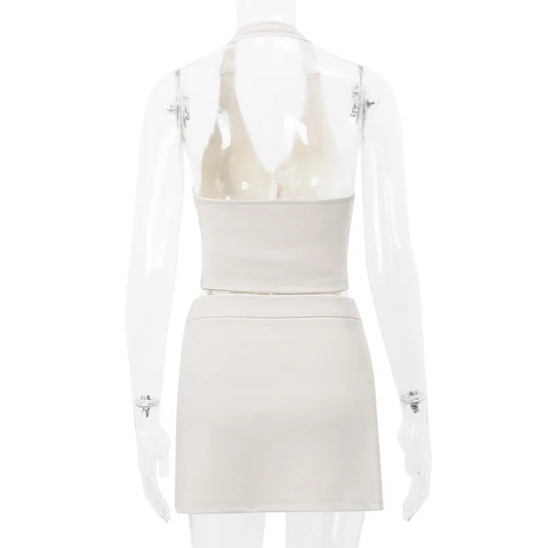 Women's Summer New Sexy Blazer Fake Pocket Halter Vest Fashion A-line Skirt Set C-240527-10