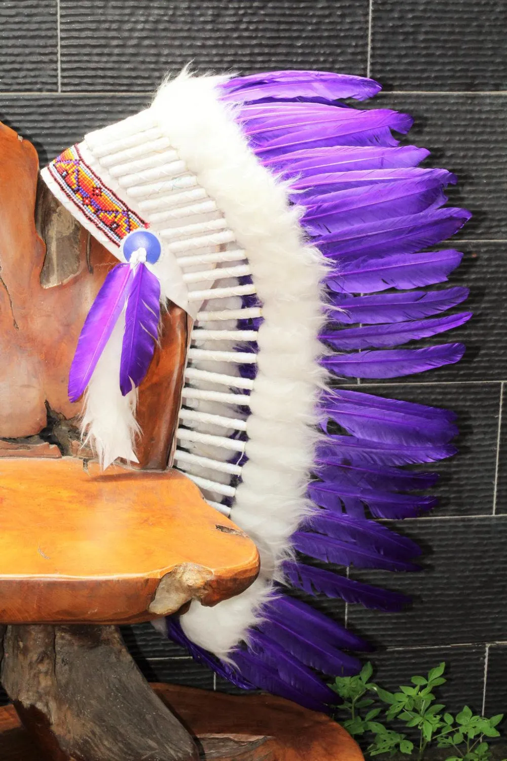Y50 FLUOR  COLLECTION : Medium  Purple Feather Headdress / Native American Style Warbonnet (36  inch long ).
