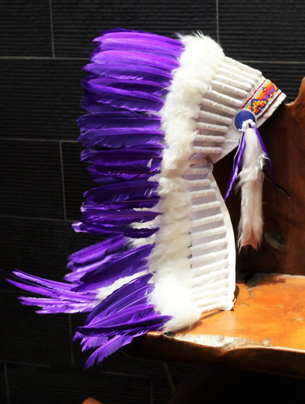 Y50 FLUOR  COLLECTION : Medium  Purple Feather Headdress / Native American Style Warbonnet (36  inch long ).