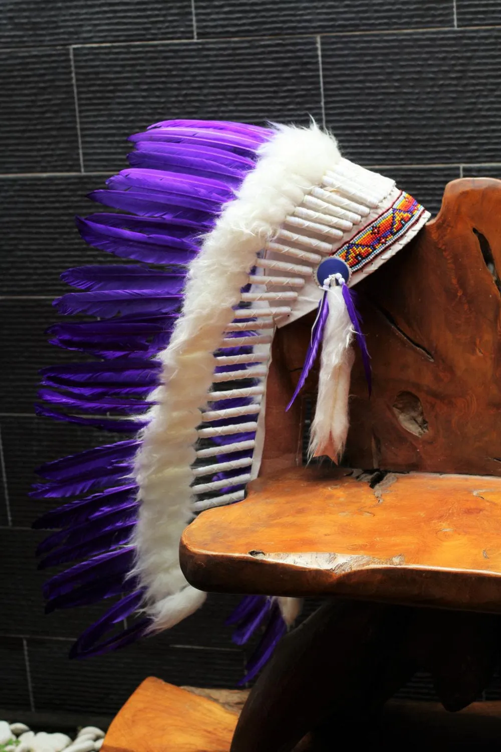 Y50 FLUOR  COLLECTION : Medium  Purple Feather Headdress / Native American Style Warbonnet (36  inch long ).